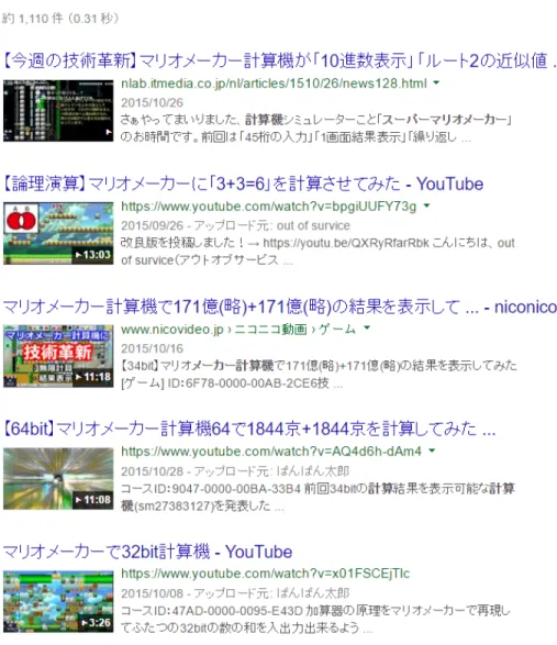 図 3.8: Google 検索において”スーパーマリオメーカー 計算機”で動画検索をした結果 (2017-02-08) ⟨ 39 ⟩．FPS ゲームなどではリアリティを表現するため壁に銃弾を撃ち込むと銃痕が残るようになって いるゲームが多く存在する．その残った銃痕で絵や文字を描くプレイヤは少なからず存在する． （FPS： Call of Duty など) • 縛りプレイ：主目的のすり替え ⟨ 40 ⟩．住みやすい街を作るというのがゲーム本来の目的であるがあえて住みにくい街などを作る．(シ ミュレーション:
