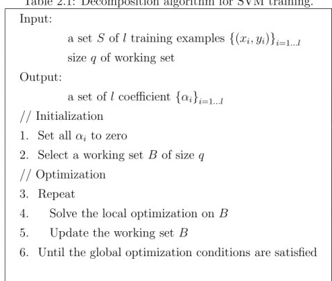 Table 2.1: Decomposition algorithm for SVM training.