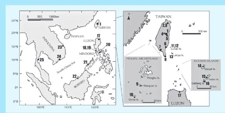 Fig. 8  台湾ネフライト鉱床と東シナ海周辺地域における主な考古遺跡の位置。