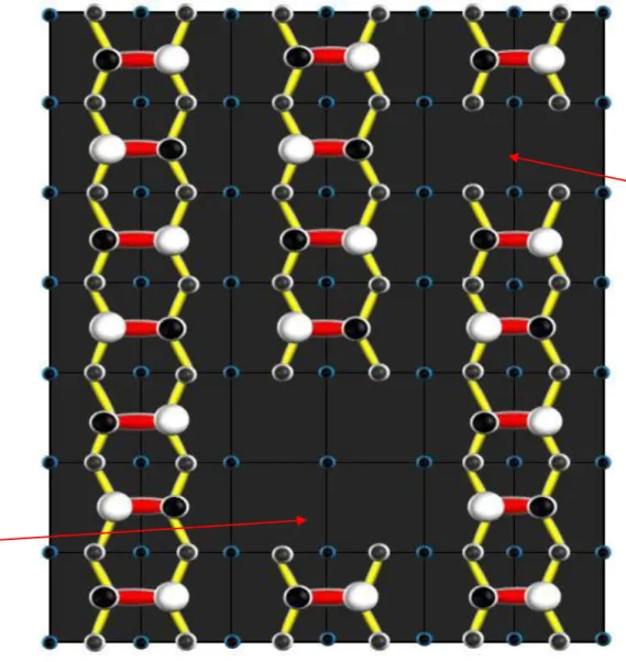 Figure 4.4   Model for Si(001) surface with missing atoms defect, the red arrows  show the positions of the missing atoms defects