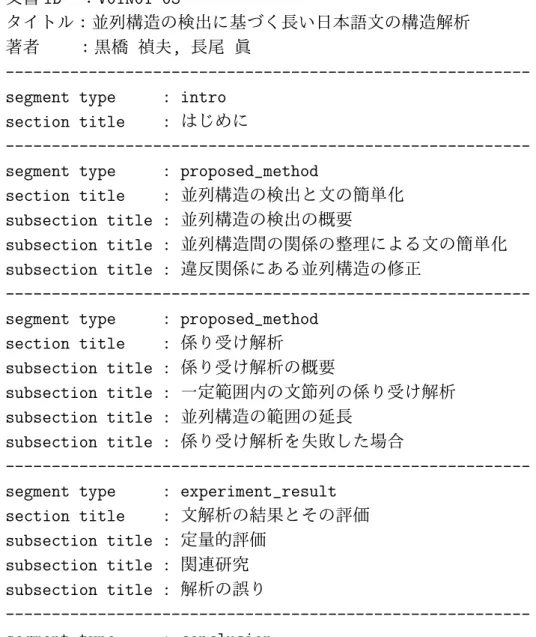 図 3.2: 節のタイトルを手がかりとしたセグメント抽出結果