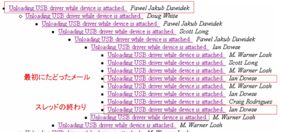 図 3.3: C9 のメールスレッド 図 3.1 に示す C9 のコミットログについて、手がかりとしてコミットした人の名前、コ ミットした日付、内容を特徴付ける単語 (EHCI, USB)、ファイルパスとリビジョン番号 に注目した。このコミットログを基に、コミットした日付に近いメール群の中から最初に たどったメールが図 3.2 である。これをみるとコミットした人の名前 (Ian Dowse) や内容 を特徴付ける単語 (EHCI, USB) が出現していることがわかる。このメールのスレッドは 図 3.3 の