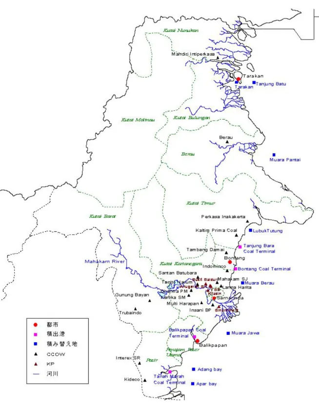 図 3-11  東 Kalimantan  州の主な炭鉱、積出港、Transshipment Point 
