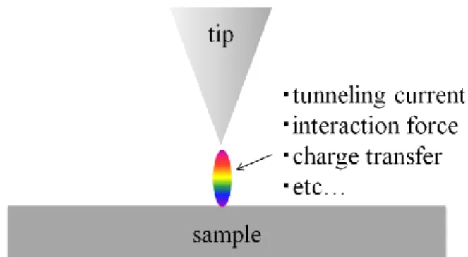 Figure 1.1  プローブ顕微鏡で観察される探針-試料間の物理量. 