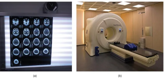 Figure 3.1. (a) Computed tomography scans (sliced images). (b) Modern CT scanner. 