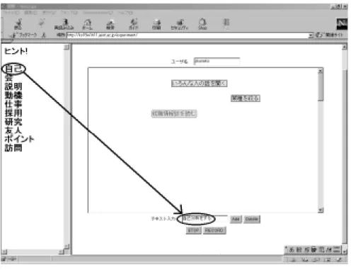 図 4.4: ヒントの出力 就職 情報 → 自己 就職 情報 → 会 就職 情報 → 説明 ：  ：  ：  ：  ：  ：   ：  ：  ：  ：  ：  ：  図 4.5: ヒントデータベースの中