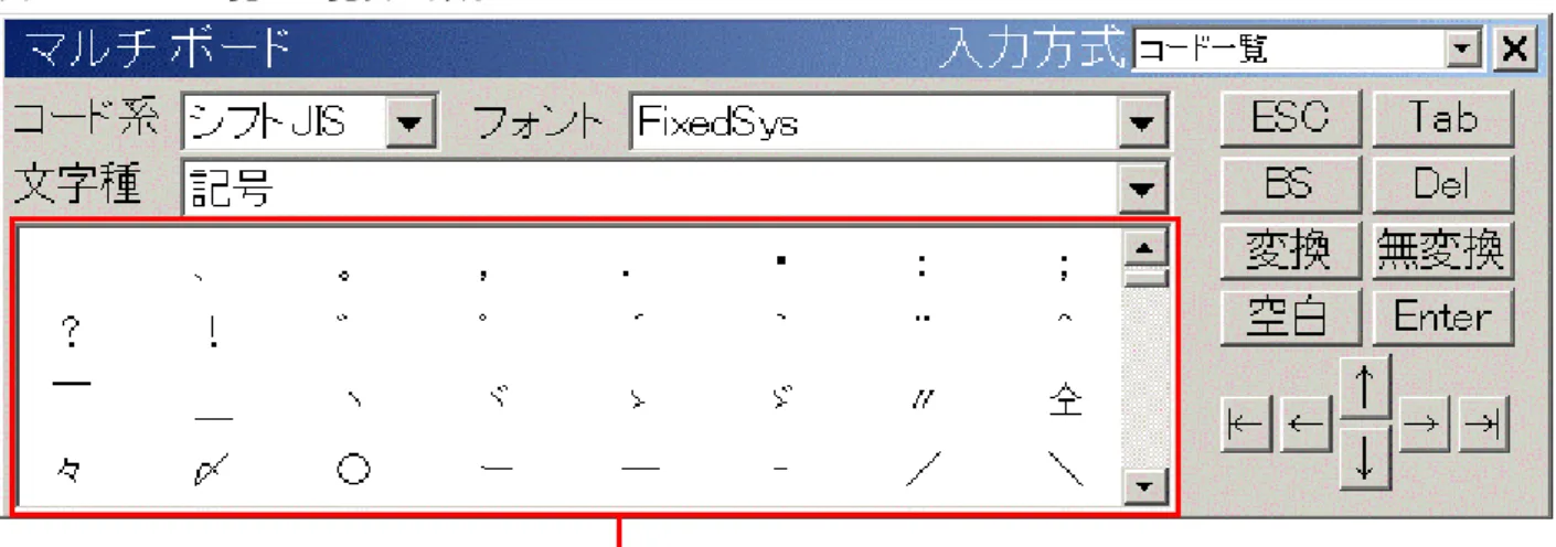 図 3.13 コード一覧の一覧表示部分 図 3.14 手書き検索の文字候補一覧部分 辞書ツールキット 以下の部分が対象です。 － 単語一覧の表示部分(詳しくは「図 3.15 単語一覧の表示部分」を参照してください) － 単語登録/単語修正の各ダイアログの登録単語エディットボックス(詳しくは「図 3.16 単語登録ダイアログ 」および「 図 3.17 単語 修正ダイアログ 」を参照してください)