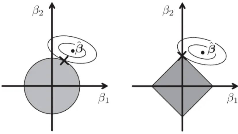 図 2.4: Ridge( 左 ) と LASSO( 右 ) のパラメータ推定の違い
