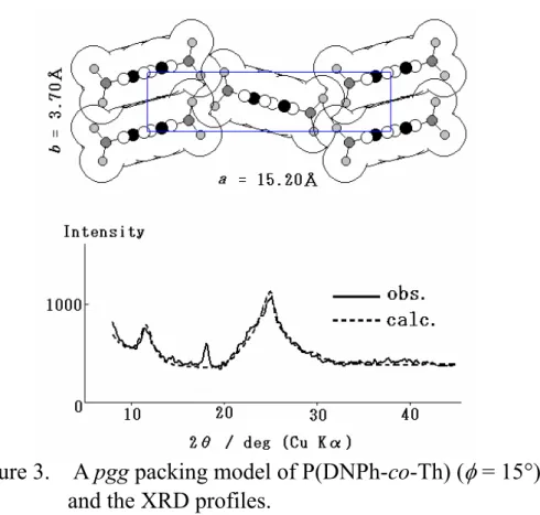 Figure 3.  A  pgg packing model of P(DNPh-co-Th) ( φ  = 15°),  and the XRD profiles. 