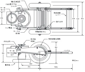 図 4-9  3 号機の構造  写真 4-7  3 号機の外観  調して伸張と収縮をする 4), 5) ．このジャッキは収縮時 に 318mm とコンパクトであるが伸張時は 518mm と なる．このコンパクトかつロングストローク可能な構 造によってドラグ・ショベルの下部に架台ごと挿入す ることができ，迅速なセッティングも可能となった． ジャッキの下側には先と同じく 100kN ロードセル(図 4-4 と図 4-5 参照 )と直径 300mm の円形載荷板がシリ ンダーに剛結されており，載荷荷重を実測する．