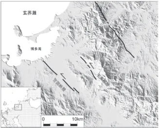 Fig. 1　Distribution map of active faults in and around Fukuoka  City. １　はじめに  　北部九州では古第三紀層を切るNW-SE系の地質境界断層が多く分布している（久保ほか，1993）．そして，この 地質境界断層群にほぼ一致するように，活断層群が分布し ている．それらの活断層群は，西より警固断層，宇美断層，西山断層，福智山断層，小倉東断層と呼ばれ，小倉東断層以外はNW-SE系の活断層であるが，小倉東断層はこれらと共役関係にある活断層でNE-