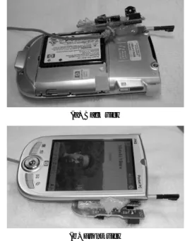 図 3 プロトタイプ実装．スタイラスの動作を取得するため光学式 マウスのイメージセンサを PDA に取り付けた