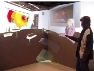 Figure 2: A user participating in Crisis Communication. The training system uses four screens and stereoscopic  glasses to improve immersion