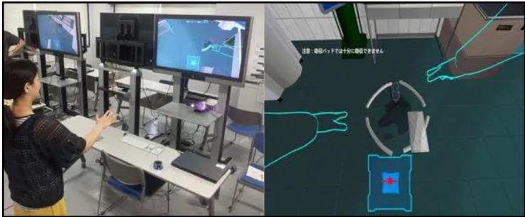 Figure 6: The Kinect control interface in Bio-Safety Lab. A user is standing in front of the Kinect device and  controlling the avatar‟s actions (left)