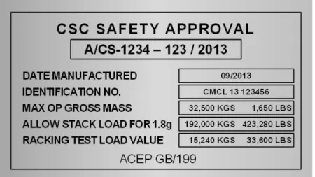 図 4.3 ACEP マークのある安全承認板  1.2.3  ACEP マークがない場合や、次の検査日がすでに過ぎている、または次の検査日が貨物の目 的地到着予定日前である場合、その貨物コンテナを一貫運送または国際輸送に使用してはな らない。  1.3  欧州の鉄道網内を鉄道で輸送されるスワップボディおよびロードトレーラーには、それぞれ に EN  13044 2 の表示が求められる。この業務マークには、鉄道輸送用スワップボディまた はセミトレーラーのコード化および承認に関する情報が記されている。  図 4