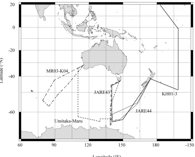 Fig. 2-1.    Cruise tracks for five cruises. 
