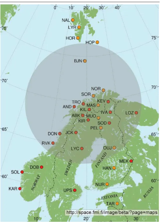 Figure  2.4. Locations  of the IMAGE magnetometer stations  (orange: 14, red:  18).  Orange circles indicate stations used for this research