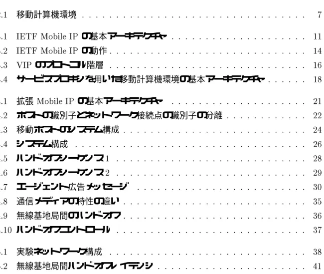図 目 次 2.1 移動計算機環境 : : : : : : : : : : : : : : : : : : : : : : : : : : : : : : : : : 7 3.1 IETF Mobile IP の基本アーキテクチャ : : : : : : : : : : : : : : : : : : : : 11 3.2 IETF Mobile IP の動作 : : : : : : : : : : : : : : : : : : : : : : : : : : : : : 14 3.3 VIP のプロトコ
