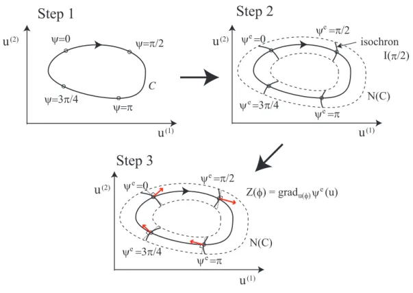 Figure 1.2: Three steps of defining the PRCs of d = 2 dimensional dynamical system.