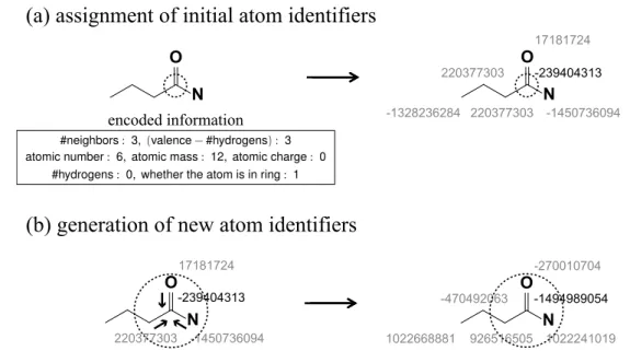 Figure 3.3 In the ECFP algorithm, (a) the assignment of initial atom identifiers, computed by encoding seven atomic properties, (b) the generation of new atom identifiers by performing one iteration.