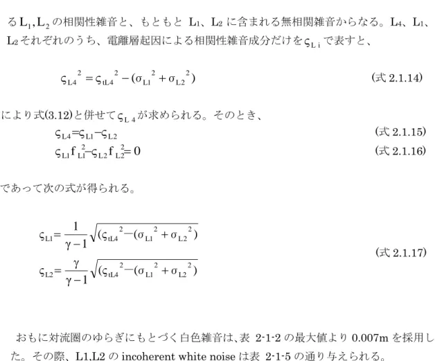 表  2-1-5    L1,L2に付加する誤差量(L3)      L3              L1&amp;L2  0.007m  L1,L2=0.0024m  電離層の揺らぎに関しては空間相関が強いため、ここで推定した振幅を各点独立に付 与すると誤差量が過大となる恐れがある。そのため、電離層の揺らぎは、ここで考えて いる空間スケール（20km 程度）では一様に変化すると考え、誤差振幅を観測点間の距離 に応じて案分することとした。L1,  L2 の coherent  white  noise は表