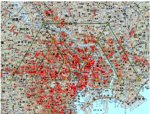 図  2-1-3  都市部（東京都心部に仮定した観測点配置）    基線解析にはGAMITを使用した。このソフトウェアを用いた一つの理由は、通常の 商用ソフトウェアでは、準天頂衛星の軌道要素の数値（たとえば軌道長半径）が GPSと 大きく異なるために解析に受け入れないからである。    基線解析は、  2 km、5 km基線では1周波数1時間セッションの解析→1日に24組の解  10 km、15 km基線では2周波数2時間セッション解析→1日に12組の解  で行った。    準天頂衛星による補完効果の評価は