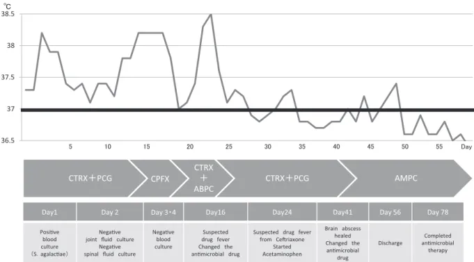 Fig. 3 Clinical course (Case1) CTRX: Ceftriaxone, PCG: Benzylpenicillin, CPFX: Ciprofloxacin, ABPC: Ampicillin, AMPC: Amoxicillin CTRX䠇PCG CPFX CTRX䠇 ABPC CTRX䠇PCG AMPC36.53737.53838.5Υ㻡㻝㻜㻝㻡㻞㻜㻞㻡㻟㻜㻟㻡㻠㻜㻠㻡㻡㻜 㻡㻡 㻰㼍㼥