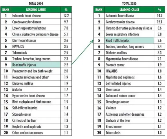 図 1.3: 死亡要因の推移予測 (WHO, Global Status Report on Road Safety (2009) より)