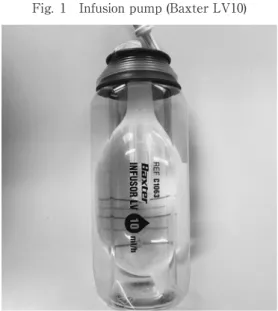 Fig. 1 Infusion pump (Baxter LV10) Fig. 2 Image of a patient treated by OPAT with  an infusion pump く静注抗菌薬による治療継続が望ましい，3）．状態が 安定しており，感染症の治療以外に入院を継続する必 要がない，4）．患者が OPAT について理解し，実施 を望んでいる，5）．連日の外来通院が可能，6）．安定 した静脈路の確保とカテーテルの安全な取り扱いが可 能． 対象患者には，器具と写真を用いて OPAT 