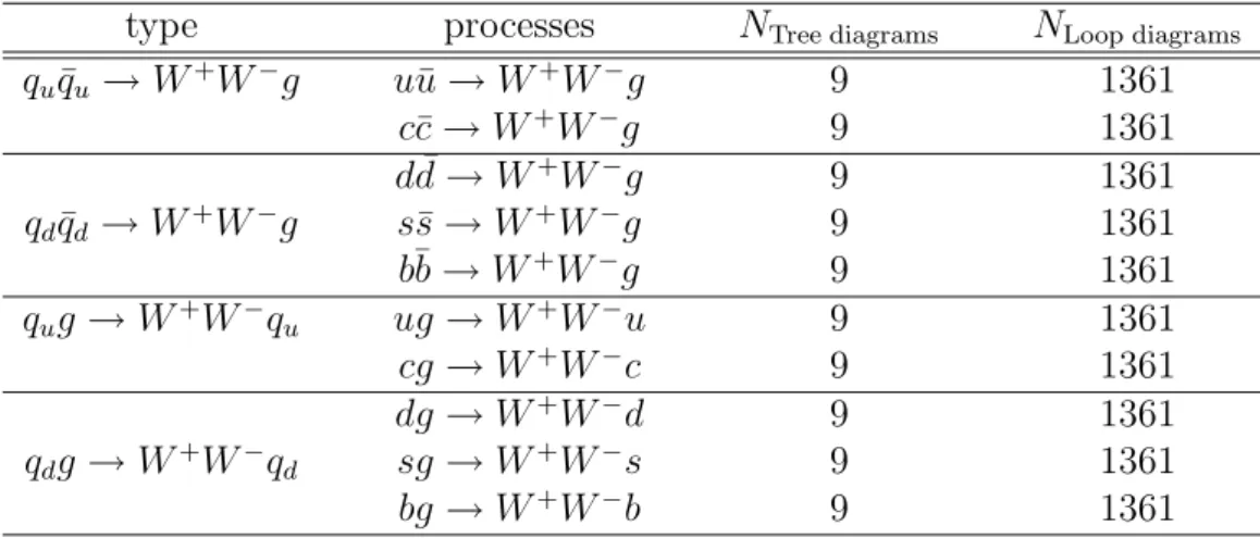Table 3.2: The partonic processes contribute to the process pp → W + W − + 1 jet at