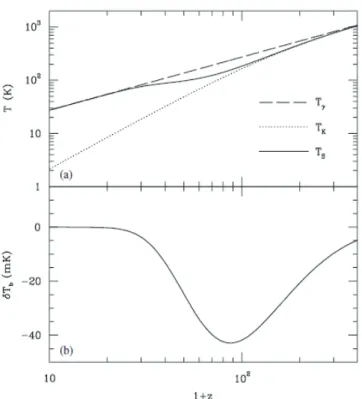Figure 3.1: (a)The global history of spin temperature before the star formation (30 < ∼ z < ∼ 300)