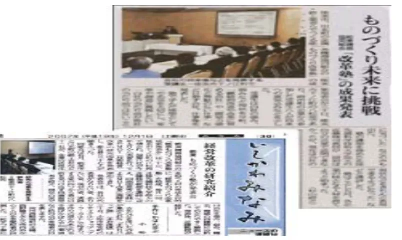 図 3-3 能美ものづくり改革塾の記事 18 次に、発表者(表 3-4)と最終発表参加者(表 3-5)に対して、最終発表後におこなった アンケート調査の一部を下記に示す。  表 3-4 第一期 FP  発表者に対してのアンケート                                                     18  2007 年 12 月 1 日発行の北國新聞、北陸中日新聞に掲載 