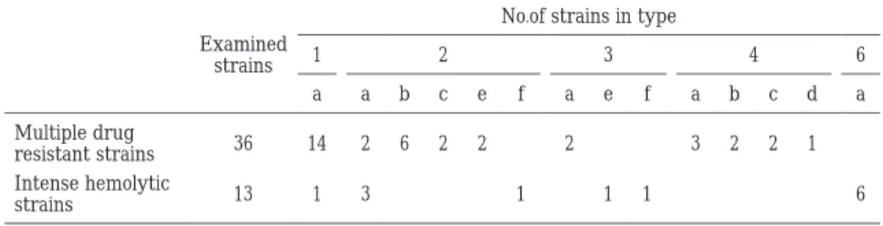 Table  5 Relationship between PFGE types and phenotypic characteristics of MRSA  isolates No.of strains in type Examined strains 1 2 3 4 6 adcbafeafecbaa 12232226214Multiple drug 36 resistant strains 611131Intense hemolytic 13 strains れた．一方，膿，痰，血液，胸水，鼻，咽頭，