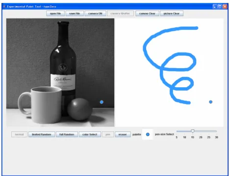 図 3.1: 描画ツールのユーザインタフェース 過去に描いた作品の画像ファイルを読み込んで表示させる [save File ] セーブファイルのダイアログを開き，描いた作品を PNG 形式で画像として保存す る．また，偶発的要素の発生した回数，使用者がカラー選択ダイアログを開いた回 数，色彩を選択した回数，ペンサイズを変更した回数，などの実験結果として得ら れる数値データも CSV 形式で保存する [camera ON ] カメラフレームを開き，Web カメラを使って，実世界から描画のモチーフにしたい 対象
