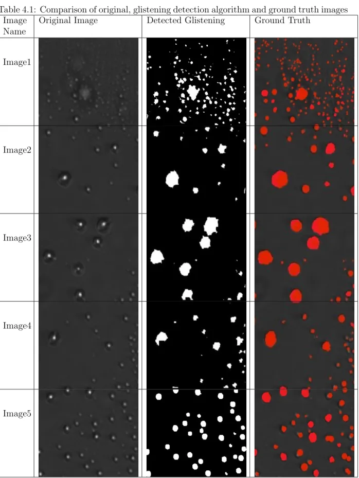 Table 4.1: Comparison of original, glistening detection algorithm and ground truth images Image