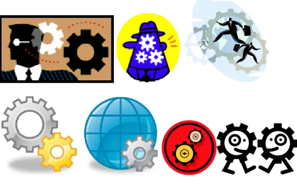 図  5  Office2010 に登録されている歯車を用いたクリップアートの例  図  6  Mike Libby[10]の作品例  1.2  課題と本研究の目的 この節では，まず 1.1 節で説明した研究背景から導きだせる課題について述べる．次にその課題 を踏まえた本研究の目的について言及する．  1.2.1  歯車を NREM に用いる場合の問題点 1.1.3 項で示したように，歯車はシンボルとして有用である．シンボルはそれが示唆する意図を
