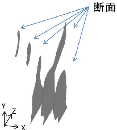 図  12  断面の 3 次元空間位置  断面の XYZ 座標軸は入力モデルの座標軸と同じである． 