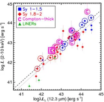 Figure 1.3: Mid-infrared and X-ray luminosity correlation for the sample of 42 VISIR detections and one additional object (ESO 428-G014, “C” with both a box and a circle around it, Gandhi et al., 2009)