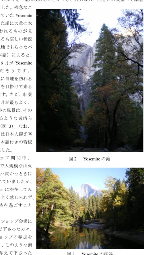 図 2   Yosemite の滝  図 3   Yosemite の渓谷  でも、氷河地点展望台は特に印象的でした。氷河によって侵食された峡谷、澄み切った空に生えるシエラの山々を一望に収めることができ、壮大な大自然をこの展望台で体感することができました。残念なことに、楽しみにしていたYosemiteの滝は、切り立った崖に大量の水の流れた跡と思われるものが見られただけで、見るも哀しい状況でした（図2）。現地でもらったパンフレット（日本語）によると、雪解け時期の5、6月がYosemiteの 滝 の 見 ご ろ