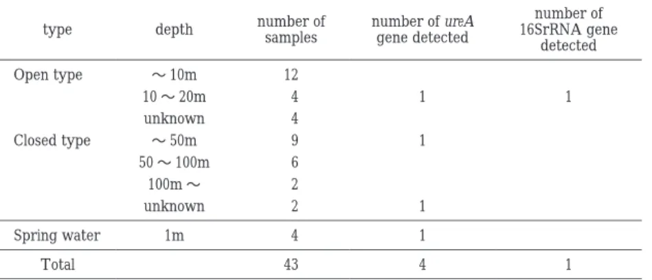 Table  2 Correlation between the presence of H. pylori and well type, depth number of 16SrRNA gene detectednumber of ureAgene detectednumber ofsamplesdepthtype 12〜 10mOpen type 11  410 〜 20m   4unknown 1  9〜 50mClosed type   650 〜 100m   2100m 〜 1  2unknow