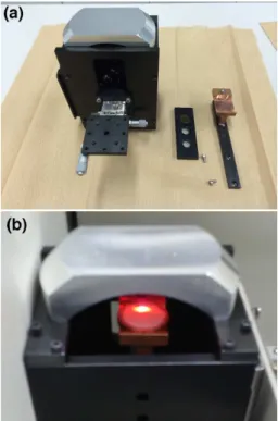 図 2.5: a) 拡散反射測定用アタッチメント、b)FTIR 測定領域の一例