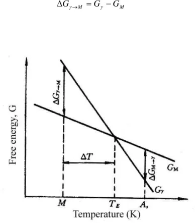 Fig. 1.4.2-3 Chang in free energy of  γ and M phases with temperature [62]. 
