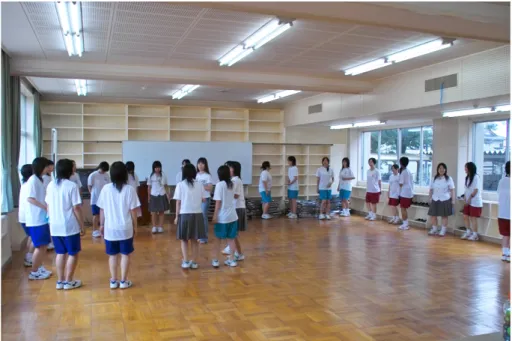 図 3.1: 練習の様子 3.3.2 ダンス運動 ダンス運動の計測は、被験者の腰部にワイヤレス加速度センサを装着することにより 行った。加速度センサは X,Y,Z の三軸の加速度を計測することが可能であるため、それ ぞれ被験者の左右・上下・前後の動きを計測できる。また、同時にビデオカメラによって その動きを記録し、ダンス運動と加速度の関係についてビデオによる調査を行うために 用いた。また、インストラクター及び数人の被験者に関してはビデオカメラの高速度モー ドによる記録によって 100fps の高速度撮影を行