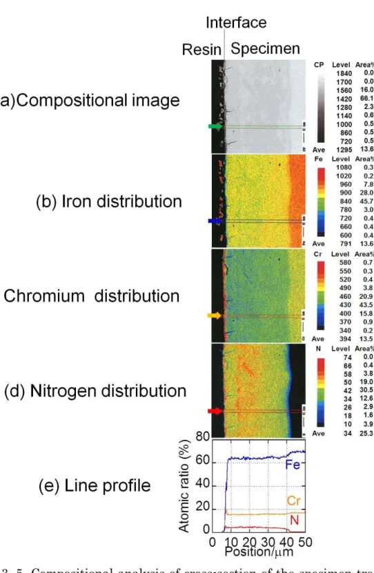 Figure 3. 5. Compositional analysis of cross-section of the specimen treated  in  FLiK  including  2mol%  of  Li 3 N  for  100min