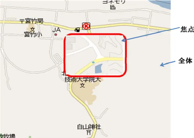 図 1.2:FishEyeView(Focus&amp;Context)の表示例 2 連続性を保持したままの地図を閲覧できる手法として Focus&amp;Context がある．この 手法は，焦点を当てる部分（Focus）と全体の構造(Context)を空間的に組み合わせて 表示する手法である．Focus&amp;Context の手法として FishEyeView[Sarkar,Brown92]が ある．FishEyeView 手法は，図 1.2 のように，焦点を当てる部分を空間的に引き延ば しズームす