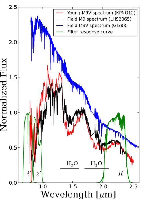 Figure 1.3: Comparison of a spectrum of a young M9-type BD spectrum (red: KPNO12; Muench et al., 2007) with that of a field M9-type dwarf with much higher gravity (black: LHS2065; Rayner et al., 2009)