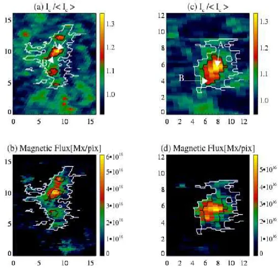 Figure 2.5: Two examples of magnetic patches associated with polar faculae: (a, c) normalized continuum intensity; (b, d) magnetic flux in units of maxwell per pixel