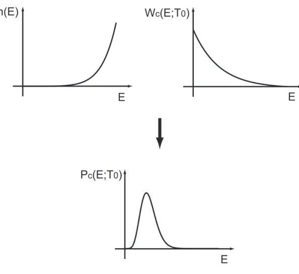 Figure 2.1: Probability distribution P c (E; T 0 ) of the potential energy E is represented by