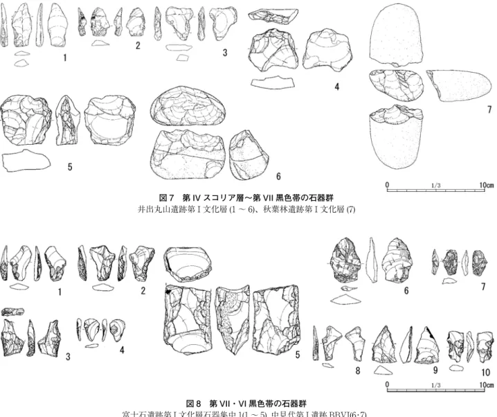 図 7　第 IV スコリア層～第 VII 黒色帯の石器群 井出丸山遺跡第 I 文化層 (1 ～ 6)、秋葉林遺跡第 I 文化層 (7) 図 8　第 VII・VI 黒色帯の石器群 富士石遺跡第 I 文化層石器集中 1(1 ～ 5)，中見代第 I 遺跡 BBVI(6・7)． 富士石遺跡第 I 文化層石器集中 2・3(8 ～ 10) 図 9　第 V 黒色帯の石器群 中見代第 I 遺跡第 I 文化層 (1 ～ 7)、西洞遺跡 b 区 BBVI 直上文化層 (8 ～ 15)追平 B 遺跡出土石器群の再検討