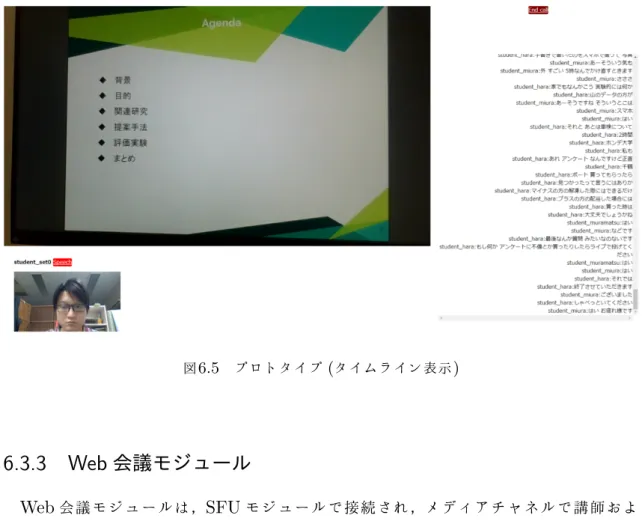 図 6.5 プロトタイプ ( タイムライン表示 ) 6.3.3 Web 会議モジュール Web 会議モジュールは， SFU モジュールで接続され，メディアチャネルで講師およ び受講者の映像・音声情報が配信され，データチャネルで文字化したつぶやき情報を 相互に送受信している．なお，現在は 1 端末につきモジュールで設定したカメラ映像 およびマイク 1 系統のみの送信が可能であり， PC 画面共有などの機能を実装してい ない．受講者の音声は通常次節のつぶやき共有モジュールに送信されるが，自身の映 像の上部にある